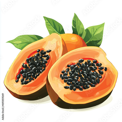 Close up of two papaya halves with seeds and leaves.