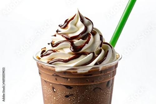 Delicious chocolate frappuccino with whipped cream and chocolate drizzle and green straw