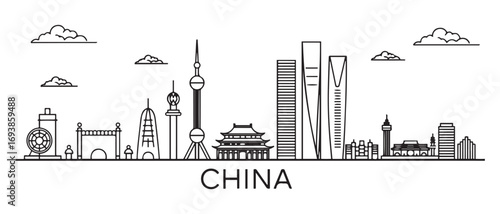 China Line Art skyline. Travel China famous landmarks. Business and tourism concept for presentation, banner, web site. with white background