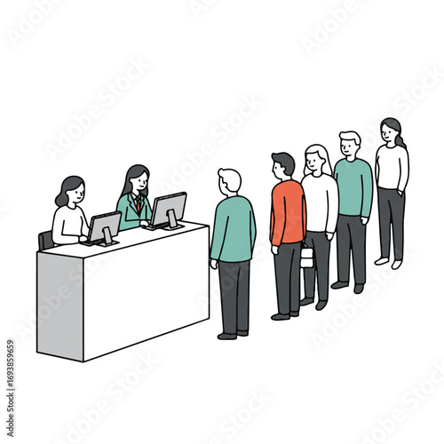 A government clerk helps a citizen at a public service counter, with other people waiting in line, depicted in a clean 2D flat vector illustration on a bright white background.