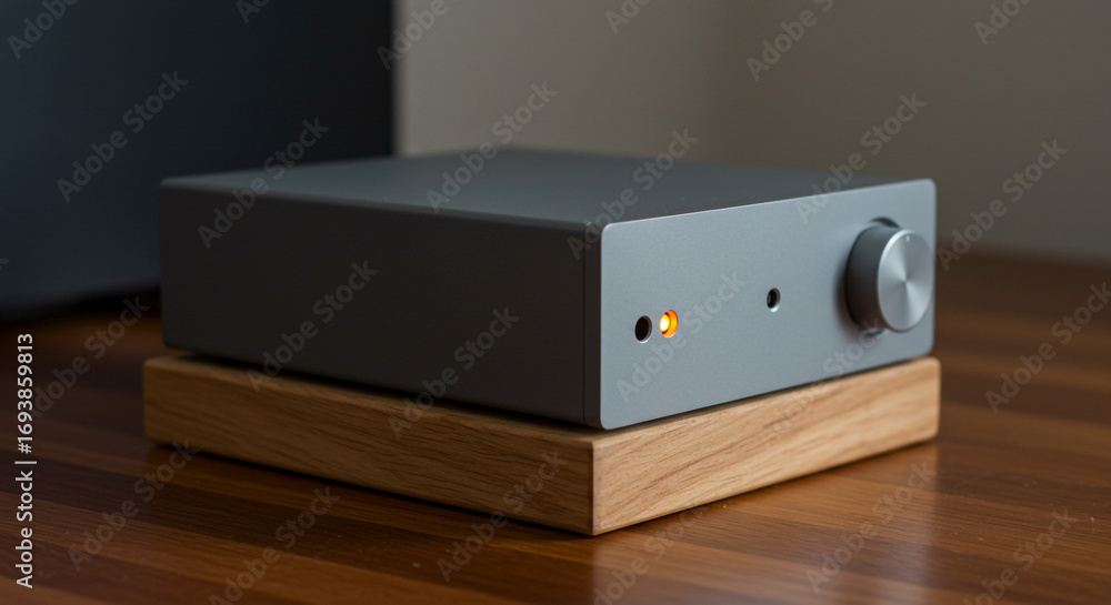 Obraz premium Sleek modern audio amplifier with glowing indicator light on wooden stand, perfect for home theater setups.