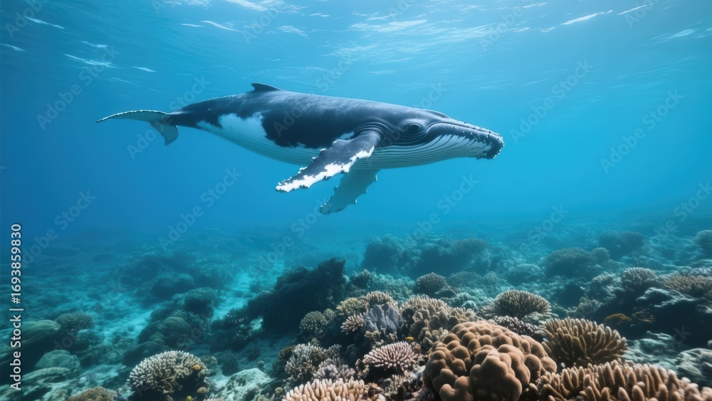 Fototapeta premium Majestic whale gliding through vibrant coral reef underwater.