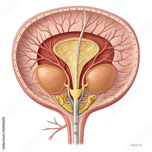 Detailed anatomical diagram of the human male urinary system showing bladder prostate seminal vesicles urethra