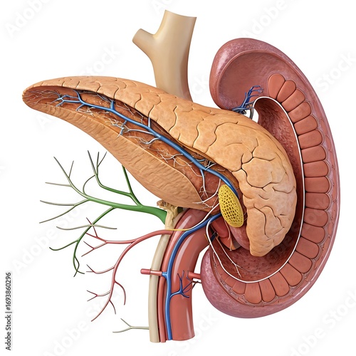 Detailed anatomical illustration of the pancreas and spleen with associated blood vessels and ducts