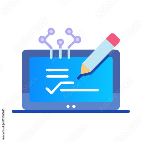 Digital task completion with tick mark using a stylus or pencil on laptop screen