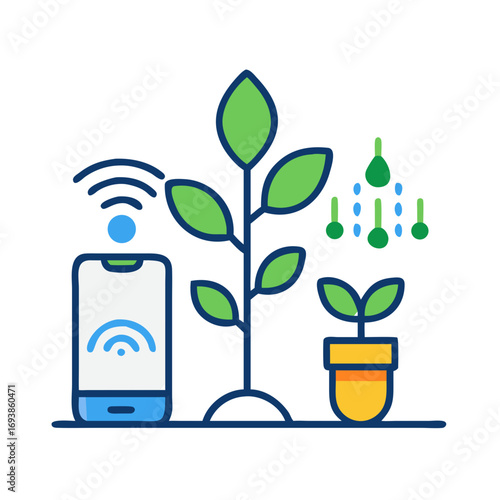 Smart Farming Illustration: Automated Plant Care and Irrigation via Mobile Application Technology