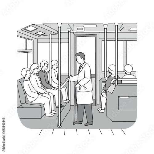 A helpful bus driver assists an elderly passenger boarding a city bus, with commuters seated, in a clean 2D flat vector illustration promoting accessible public transportation.
