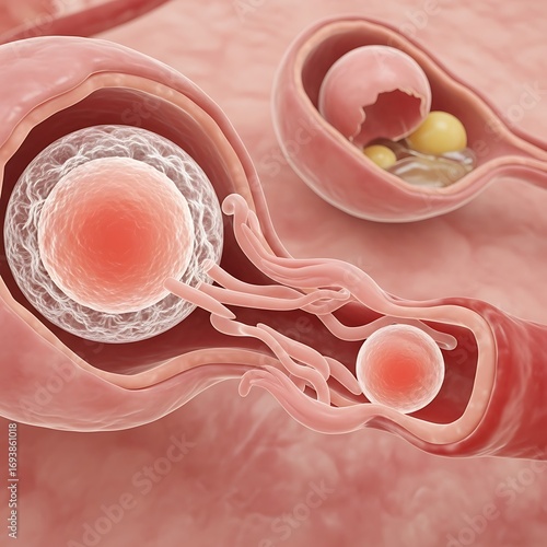 Microscopic view of ovum fertilization and early embryo development in fallopian tube anatomy