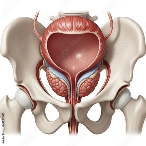 Detailed anatomical illustration of the male pelvic region showing the bladder and prostate