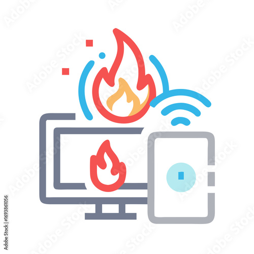 Network Security Breach with Firewall and Wireless Signal on Fire, Cyber Attack