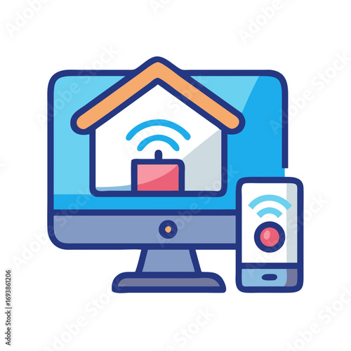 Smart Home Control: Display and Mobile Device with Wireless Technology Flat Style Illustration