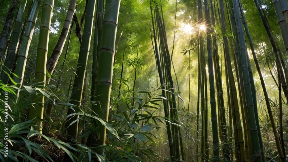 Fototapeta premium Serene bamboo forest with sunlight filtering through tall stalks, creating a tranquil atmosphere