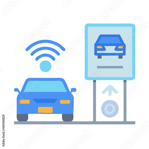 Autonomous car charging station with wireless connection flat design vector illustration