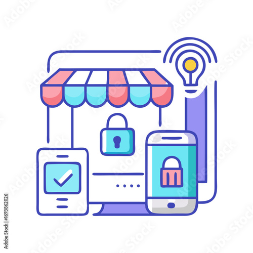 Secure online shopping with smartphone authentication and digital storefront, illuminated with innovative idea