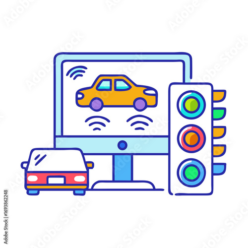 Autonomous driving system concept with car, computer and traffic lights on black background