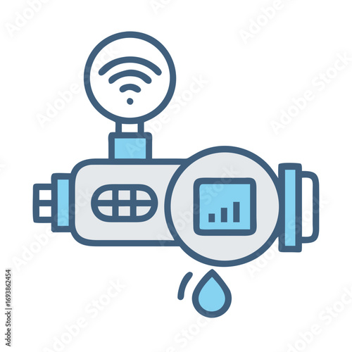Smart water meter vector icon with wireless connectivity and leakage detection on black background