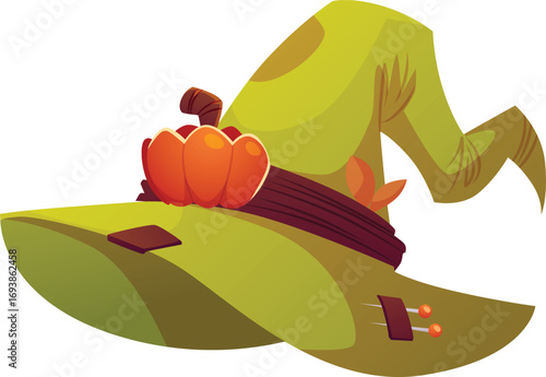 Scary witch hat, green with pumpkin and needles. Wizard cap, Halloween party.