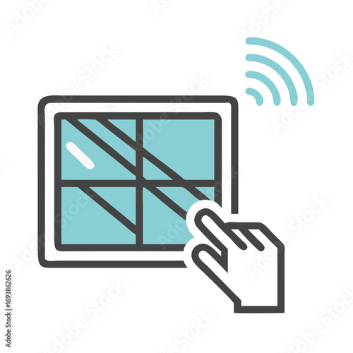 Smart home control panel icon with finger and wifi signals, on black backdrop