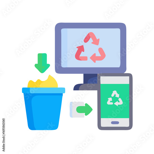 Digital Recycling Process: A Flat Vector Illustration of Data Transfer and Waste Management