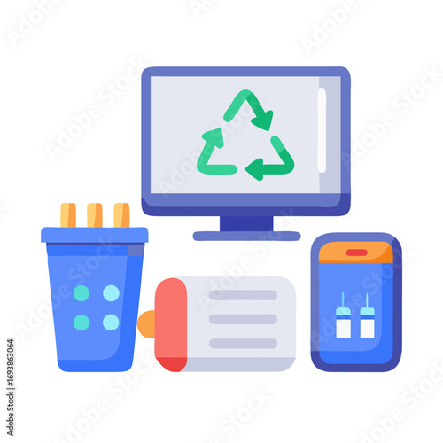 Illustration of computer monitor with recycle symbol, bin, battery, and phone representing e-waste management