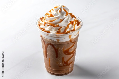 Delicious chocolate caramel frappe with whipped cream and drizzle delightful dessert drink