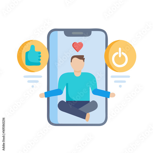 Digital Wellness Concept: Person Meditating Inside Smartphone Surrounded by Icons of Likes and Disconnection