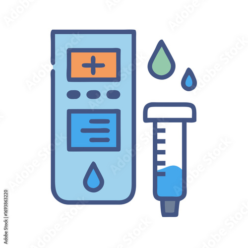 Colorful vector graphic depicting a health device and water sample for laboratory analysis