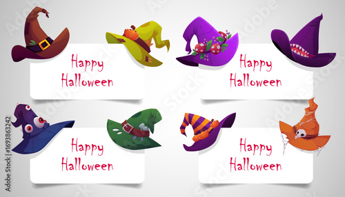 Magic witch hats on the paper corner with Happy Halloween text, cartoon wizard spooky cone hat, vector flat design set