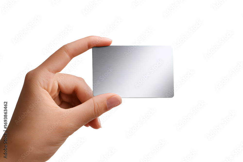 Obraz premium Hand holding a blank silver metal card isolated on transparent background