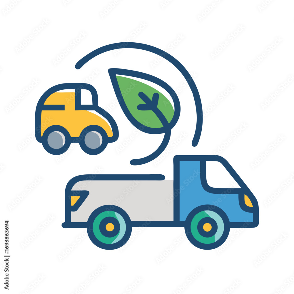 Naklejka premium Eco-Friendly Delivery Vehicles: Car and Truck with Leaf Design in Modern Flat Style