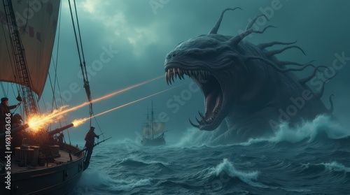 Epic Clash of Man and Myth: A Sea Battle Against a Fearsome Kraken Under Stormy Skies