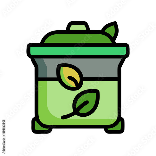 Icon illustration of a compost bin with leaves for ecology and sustainability