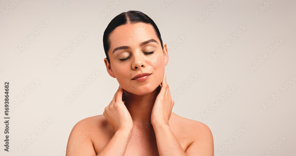 Obraz premium Skincare, woman and beauty in studio for self care, wellness or glow on white background. Mockup space, eyes closed with clean girl makeup or dermatology for healthy skin, cosmetics or natural look