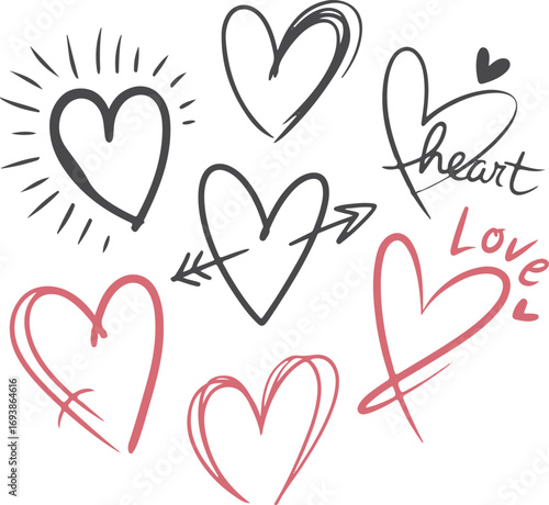 Hand Drawn Hearts Vector Set - Doodle Style Artistic Sketch Illustration