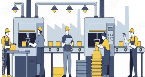 Modern Line Art Automated Factory Assembly Line with Workers Illustration