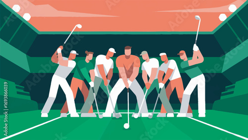 Illustration of a golf team in a strong group pose on the course vector design template