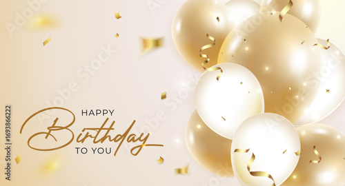 Happy Birthday celebration elegant banner design with 3d realistic golden balloon and confetti vector background