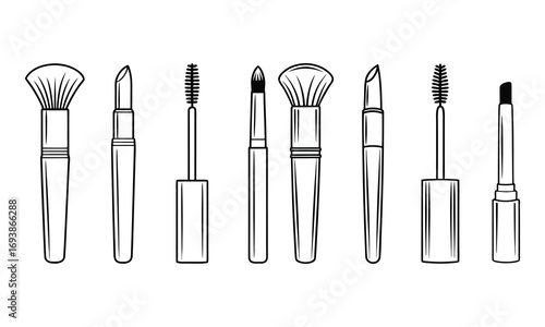 Collection of elegant black and white line art illustrations of various makeup brushes and mascara wands for beauty and cosmetic applications