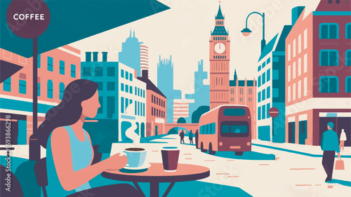 illustration of a woman enjoying coffee in a city setting vector design template