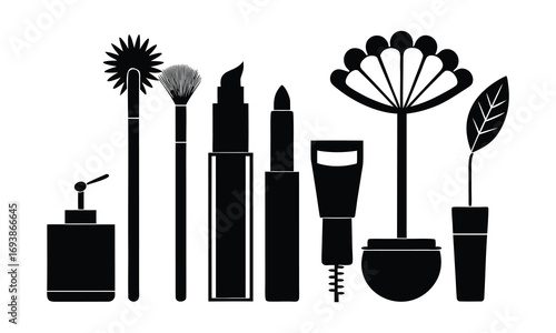 Collection of black silhouette cosmetic products including mascara brushes foundation bottles and makeup applicators arranged on a white background for beauty advertising and design