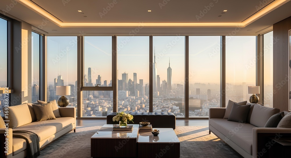 Fototapeta premium Luxurious penthouse with panoramic city views, sleek interiors and floor-to-ceiling windows