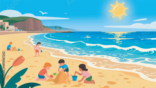 illustration of a sunny beach with children playing in the sand vector design template
