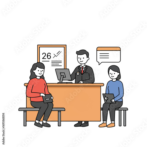 Friendly public servant assists a citizen at a counter, with another person patiently waiting nearby on a bench, captured in a clean, simplified flat 2D vector illustration.