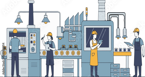 Flat Line Manufacturing Plant Illustration with Worker Character and Conveyor Belt