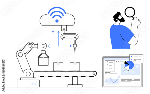 Robotic arm on conveyor belt, cloud connectivity, data charts, and person analyzing trends. Ideal for automation, manufacturing, technology, AI, IoT data management and simple landing page