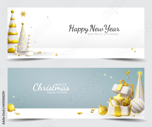 Merry Christmas and Happy New Year festive banner vector set, 3D Christmas fir tree, gift box with balls, White holiday