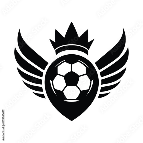 Stylized black and white emblem featuring a soccer ball with wings and a crown symbolizing victory and championship in sports