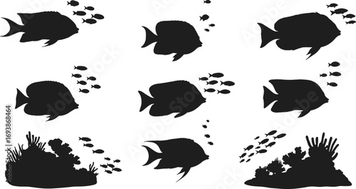 Tropical fish silhouette set with coral reef, underwater marine life vector, ocean sea creatures clipart