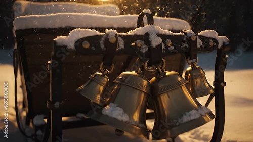 Vintage sleigh adorned with golden bells, heavily covered in fresh snow, illuminated by a warm, magical light as fine snow particles gently fall on a serene winter night.