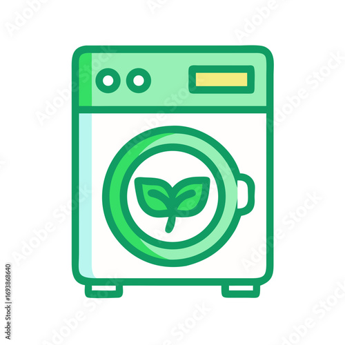 Green washing machine with plant symbol for eco friendly laundry practices concept